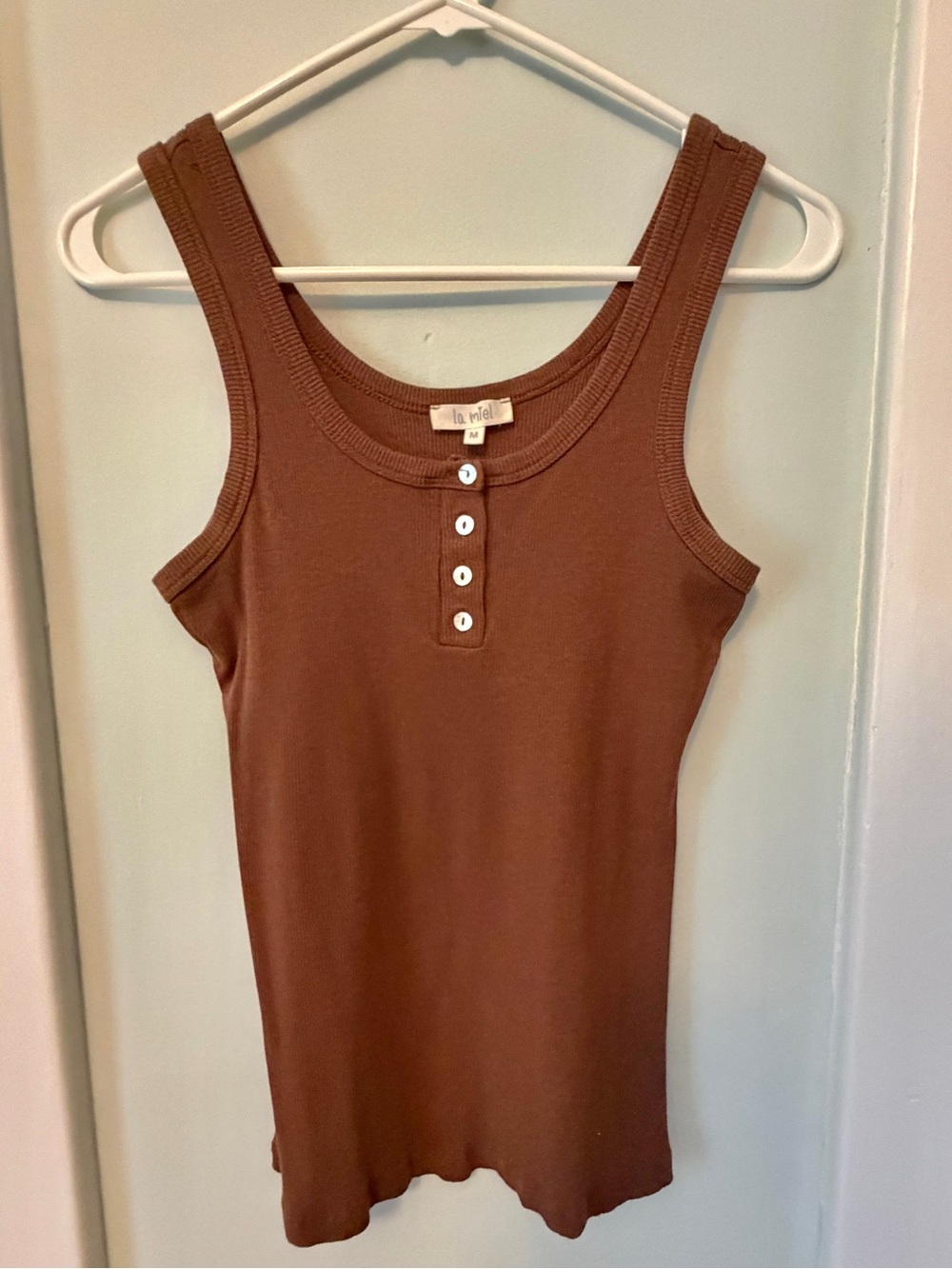 La Miel Brown Ribbed Tank Top with Button Placket